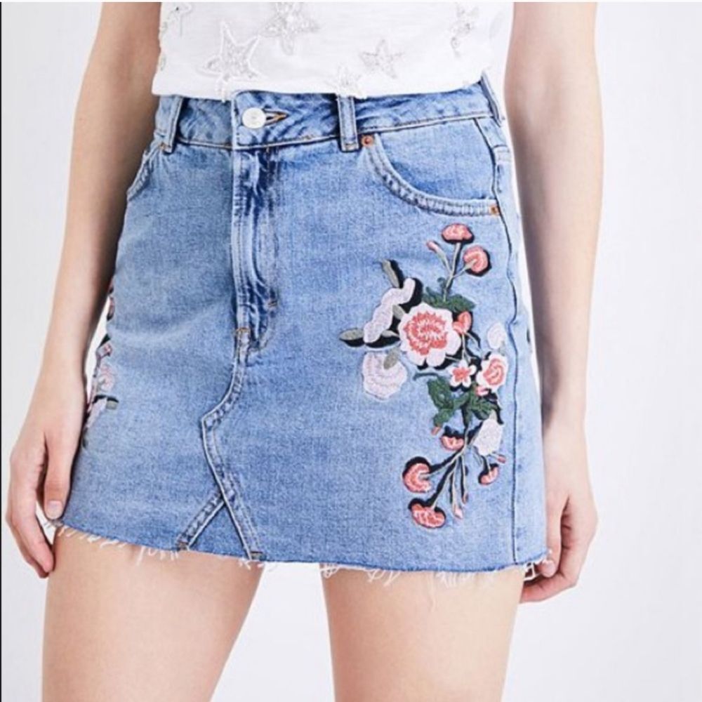 Topshop Floral Embroidered Denim Skirt